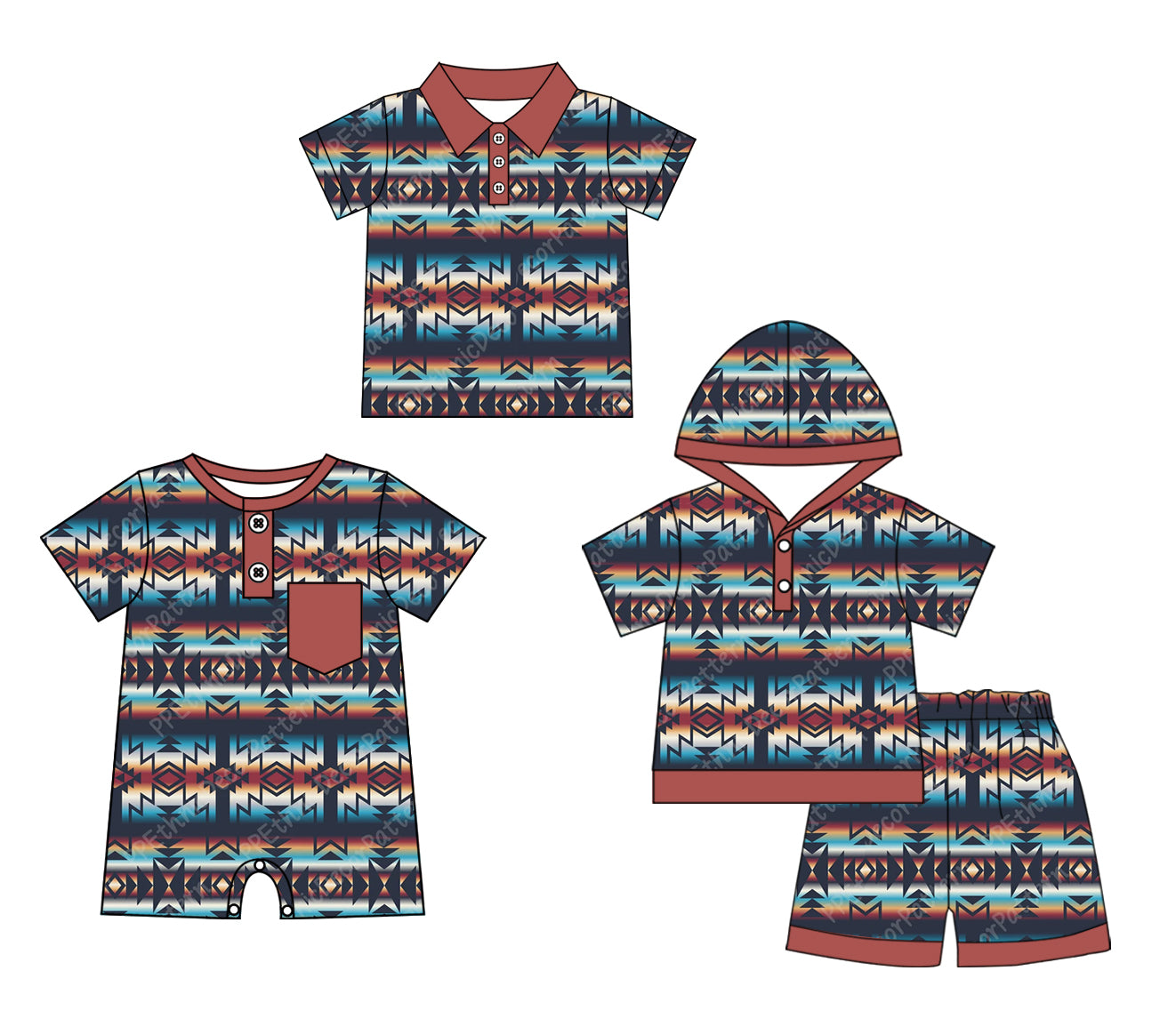 Preorder moq 5 Custom Baby Boys Dark Brown Short Sleeves Button Aztec Hoodies Short Set Polo Shirts And Rompers