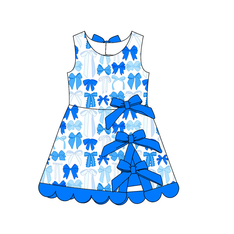 Preorder (moq 5)Baby Girls Sleeveless Blue Bows Short Scallop Knee Length Dresses