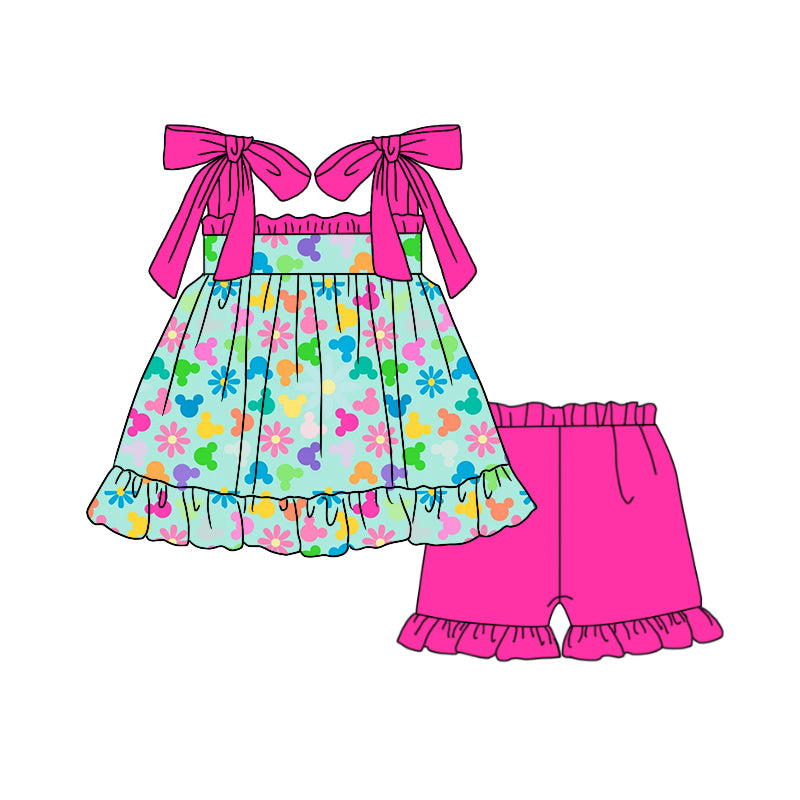Baby Girls Green Cartoon Flowers Straps Top Ruffle Shorts Clothes Sets Preorder(moq 5)