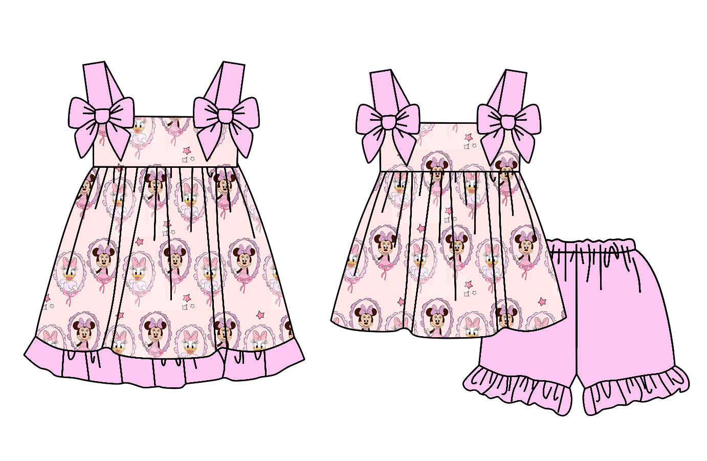 Preorder moq 5 Custom Baby Girls Pink Strap Cartoon Mouses Tunic Ruffle Short Set Knee Length Dresses