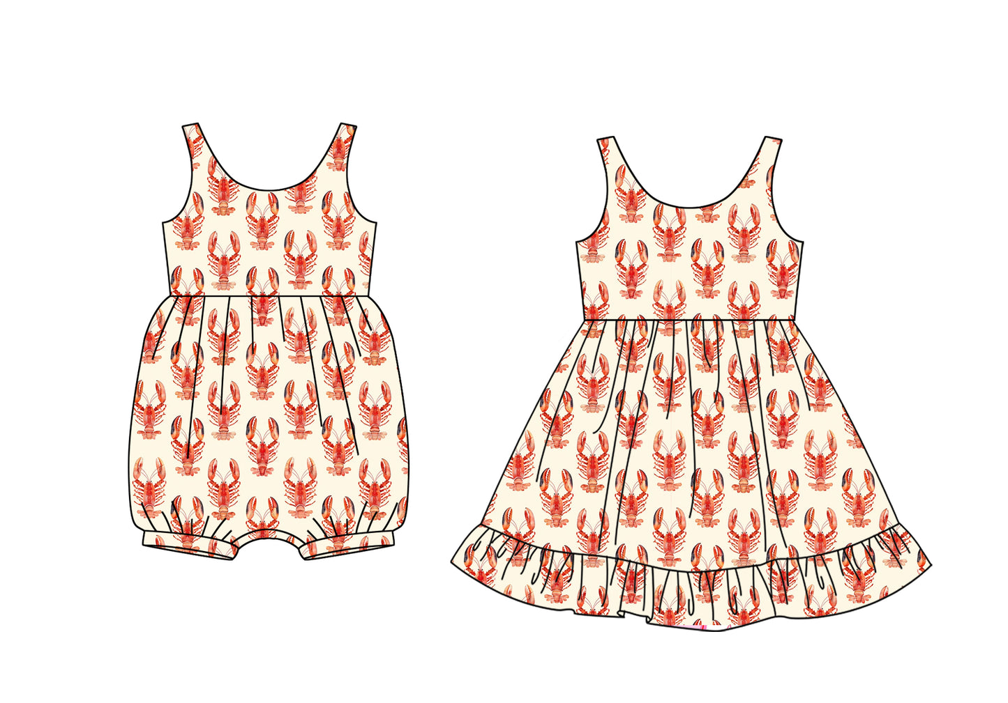 Preorder moq 5 Custom Baby Girls Sleeveless Crayfishes Knee Length Dresses Rompers