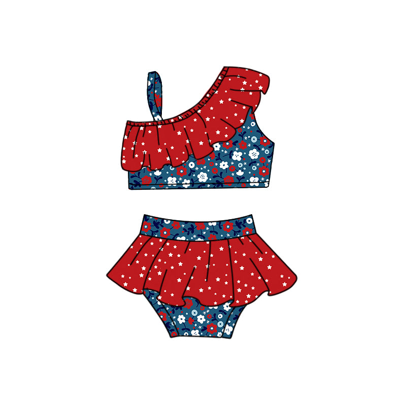 Preorder (moq 5)Baby Girls 4th Of July Small Flowers 2pcs Bummie Swimsuits
