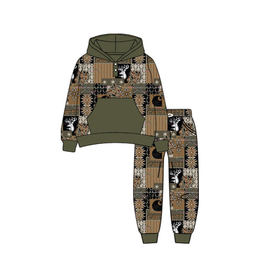 Preorder (moq 5)Baby Boys Long Sleeves Deer Aztec Plaid Button Pocket Hoodies Pant Set