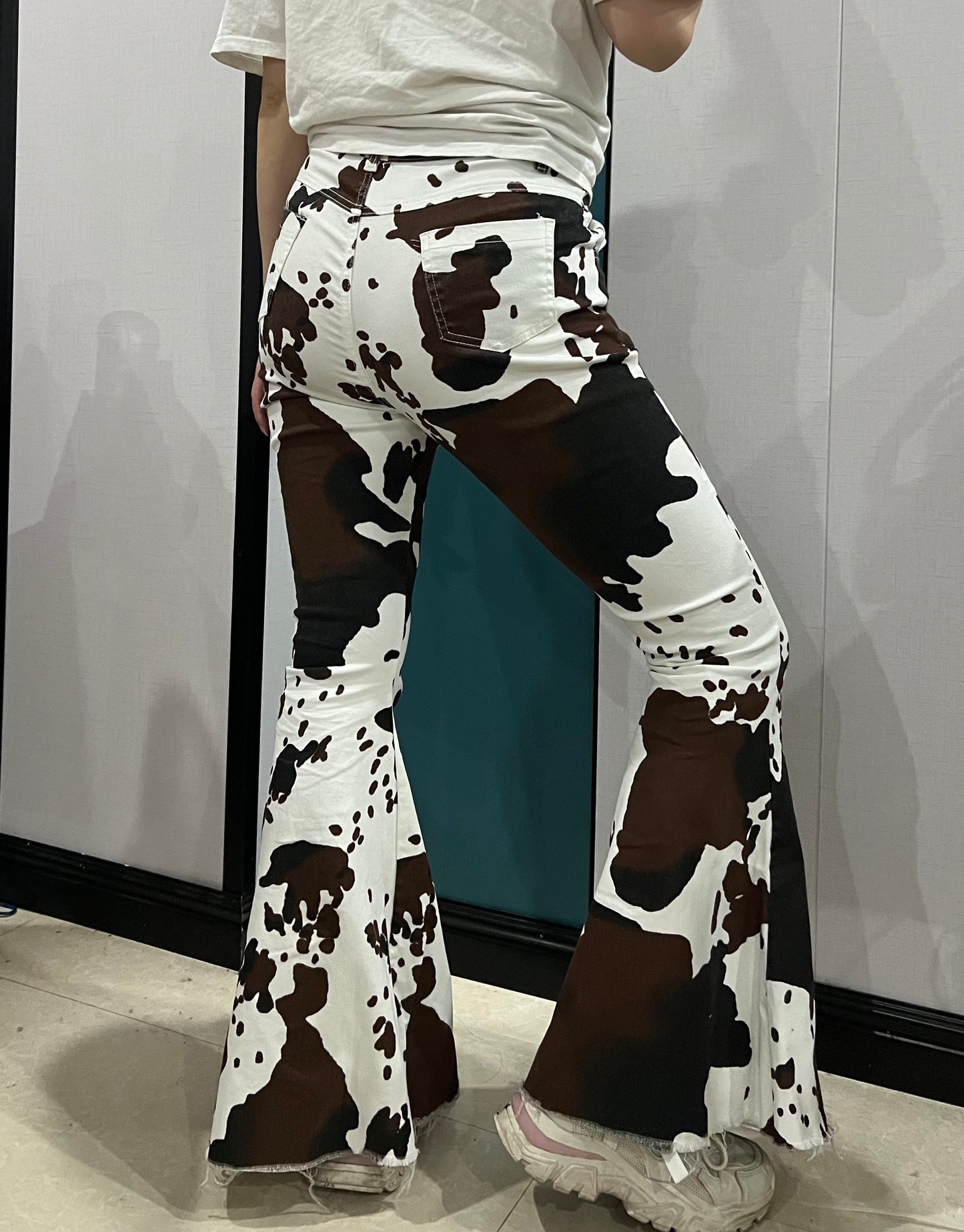 Adult Women Cow Print Denim Bell Pants Jeans