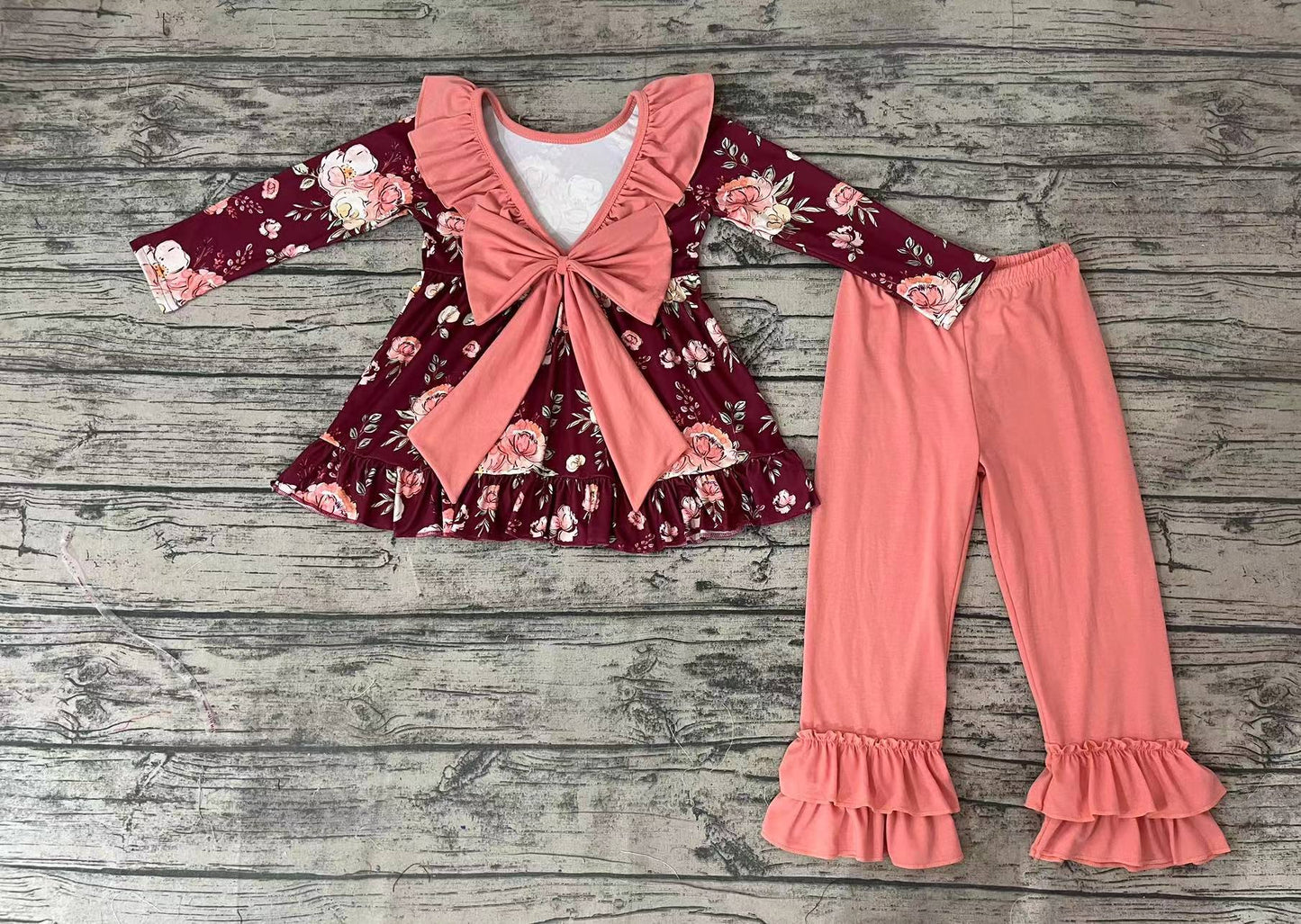 Baby Girls Wine Flowers Tunic Ruffle Pants Clothes Sets