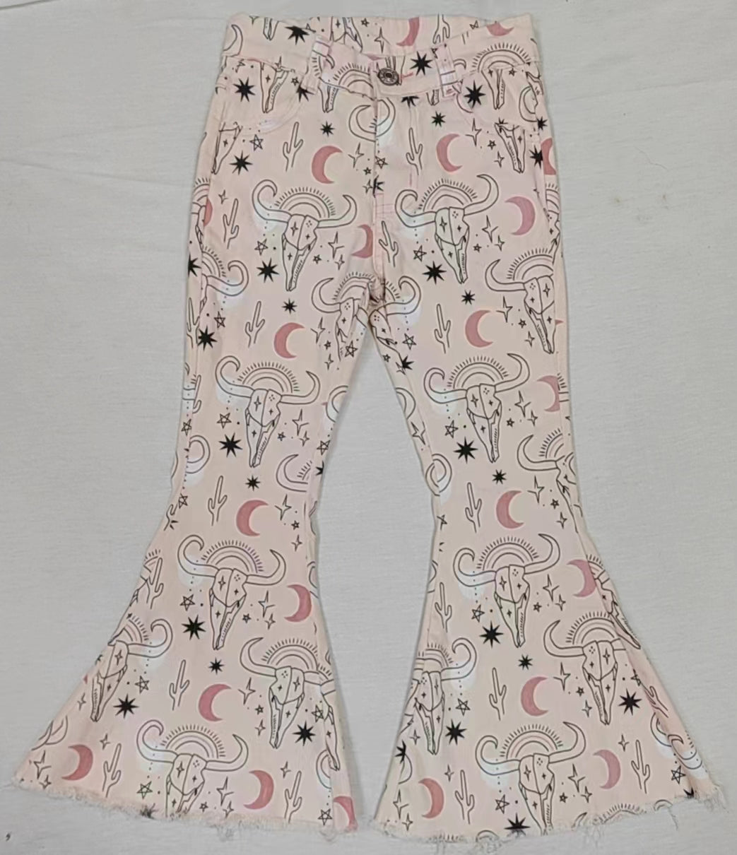Baby Girls Western Pink Cow Denim Bell Pants
