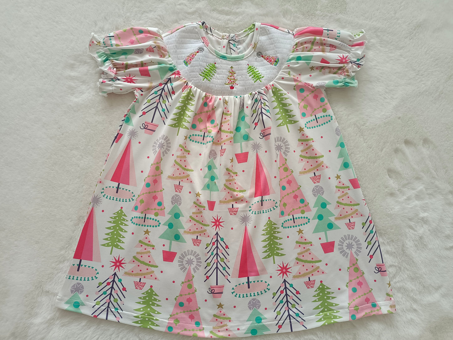 Baby Girls Christmas Tree Smocked Pink Dresses