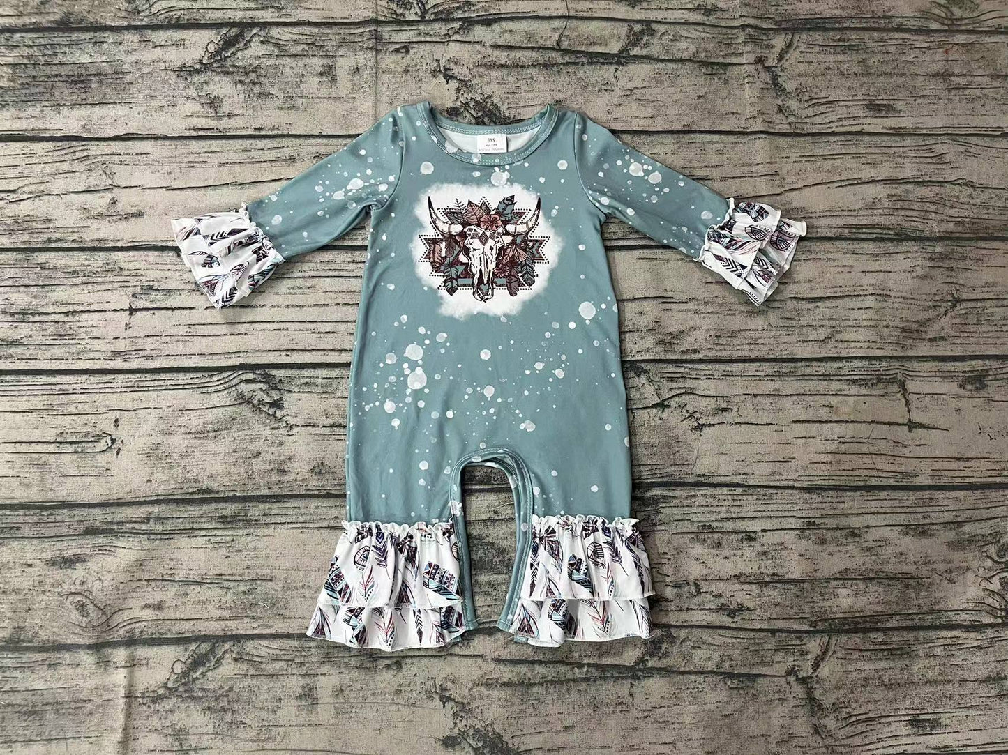 Baby Girls Cow Skull Feather Long Sleeve Rompers