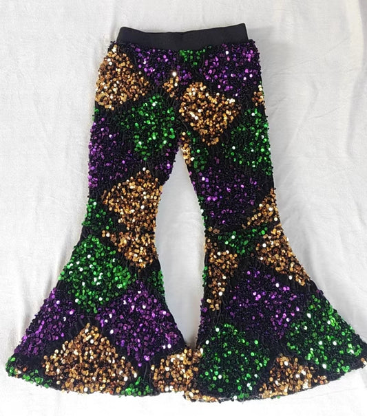 Baby Girls Mardi Gras Purple Square Sequin Sparkle Bell Bottom Pants