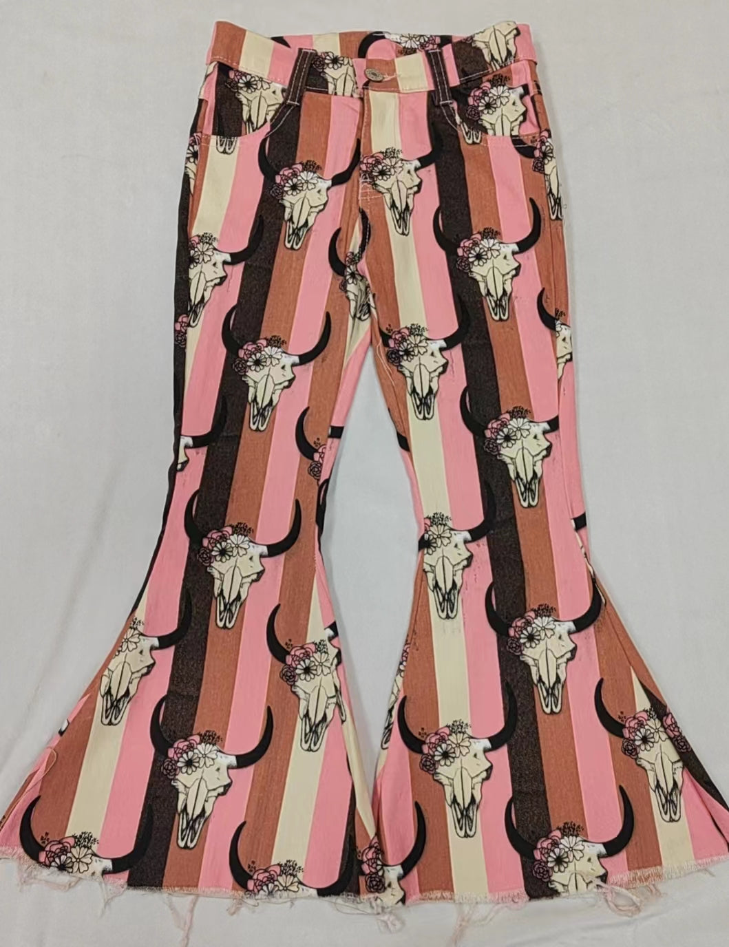 Baby Girls Aztec Western Cow Skull Bell Flare Denim Pants