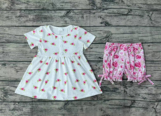 Baby Girls White Rose Flowers Tunic Top Ruffle Pink Shorts Clothes Sets