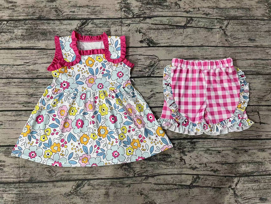 Baby Girls Pink Flowers Buttons Tunic Summer Shorts Outfits Clothes Sets