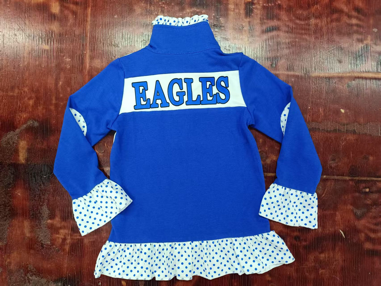 Preorder moq 5 Baby Girls Long Ruffle Sleeves Blue BH Eagles Button Pullovers Top