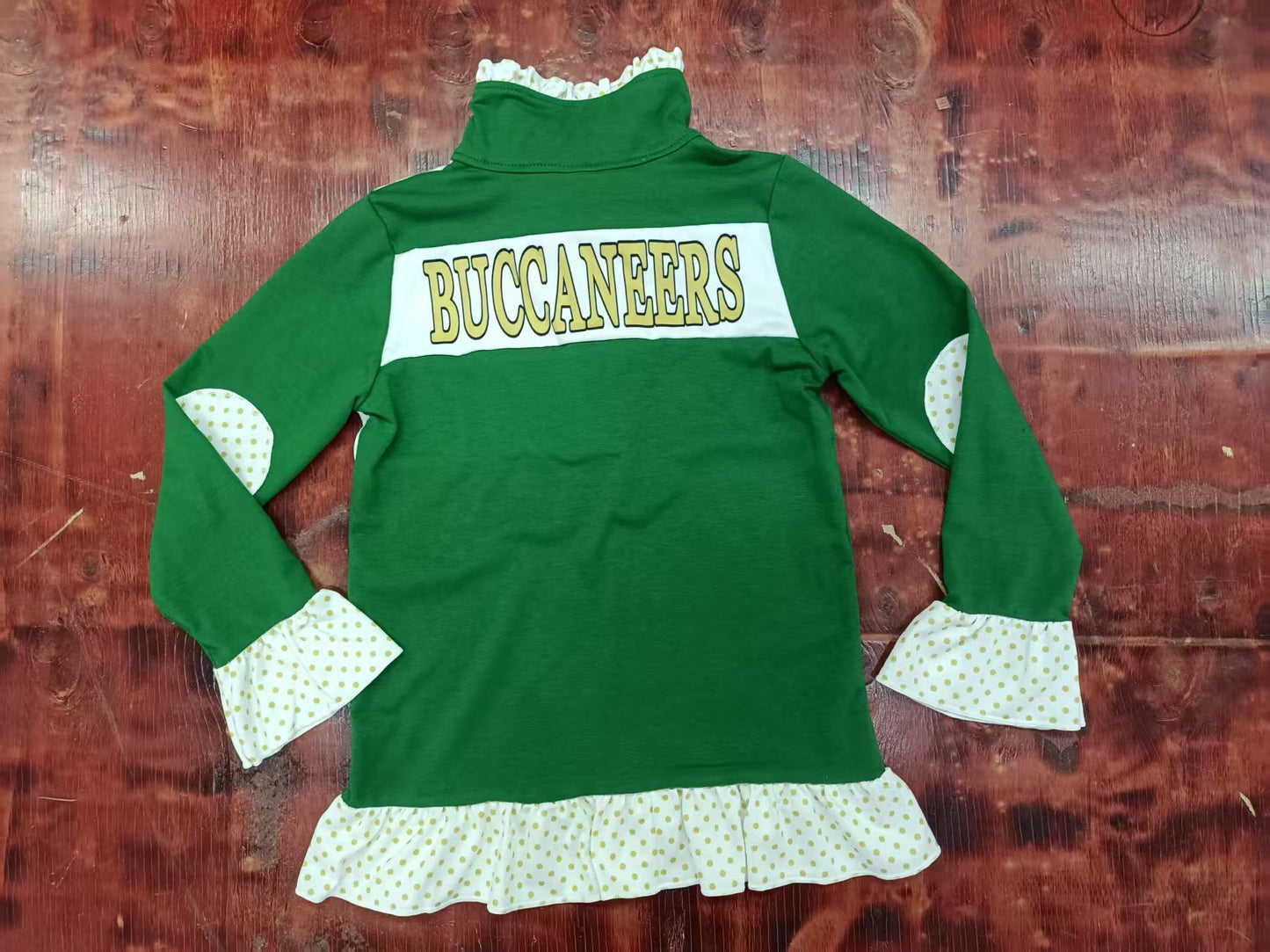 Preorder moq 5 Baby Girls Long Ruffle Sleeves Green EC Buccaneers Button Pullovers Top