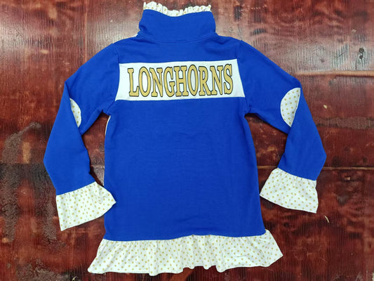 Preorder moq 5 Baby Girls Long Ruffle Sleeves Blue Bull Skull Longhorns Button Pullovers Top