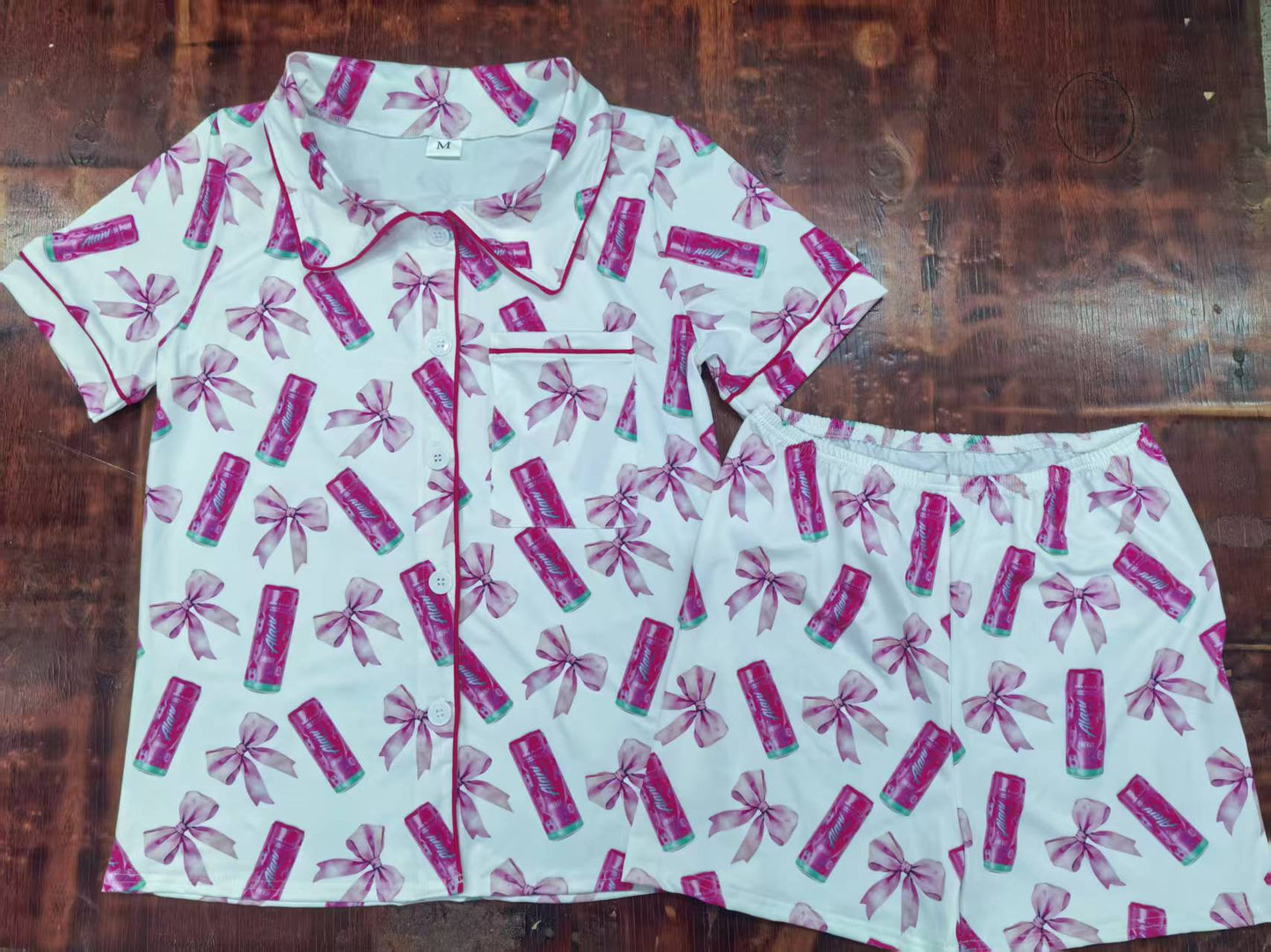 Preorder moq 5 Baby Girls Short Sleeves Pink Bows Button Pockets Top Shorts Pajamas Set