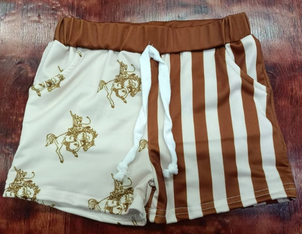 Preorder(moq 5) Baby Boys Khaki Stripe Horse Rodeo Pockets Shorts Bottoms