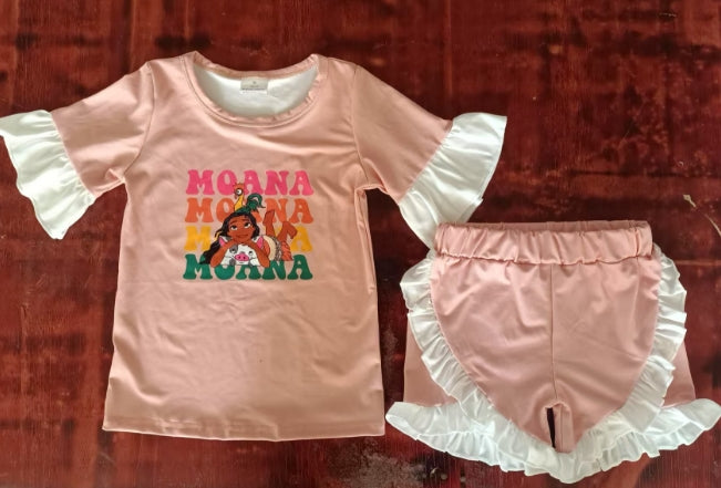 Preorder moq 5 Baby Girls Peach Short Sleeves Moana Top Ruffle Short Set