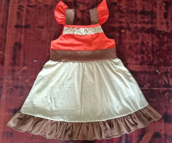 Preorder moq 5 Baby Girls Flutter Sleeves Brown Red Patchwork Knee Length Dress