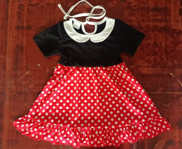 Preorder moq 5 Baby Girls Black Short Sleeves Red Polka Dots Knee Length Dress