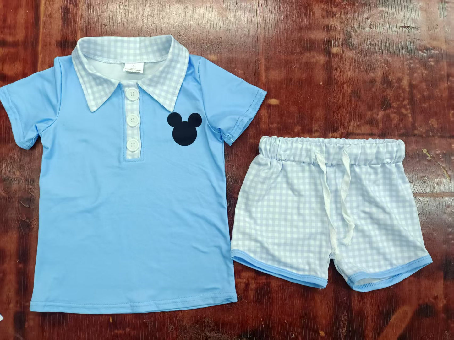 Preorder moq 5 Baby Boys Light Blue Cartoon Mouse Button Top Plaid Short Set