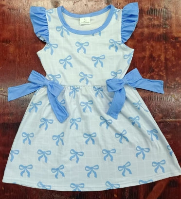 Preorder moq 5 Baby Girls Blue Flutter Sleeves Bows Button Knee Length Dresses