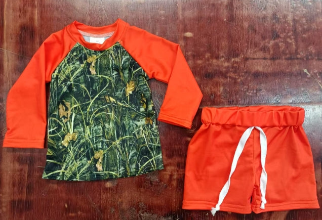 Preorder moq 5 Baby Boys Orange Long Sleeves Green Camo Top Short Pajamas Set