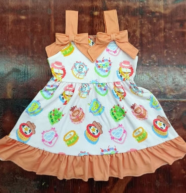 Preorder moq 5 Baby Girls Peach Bows Strap Birthday Cakes Knee Length Dresses
