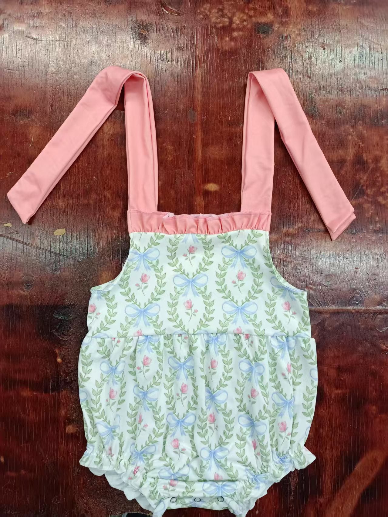 Preorder moq 5 Baby Girls Peach Strap Flowers Bows Plaid Ruffle Rompers