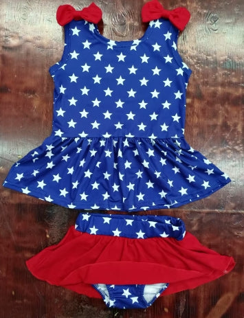 Preorder moq 5 Baby Girls Bows Sleeveless Stars Tunic Bummies Skorts 4th Of July Set