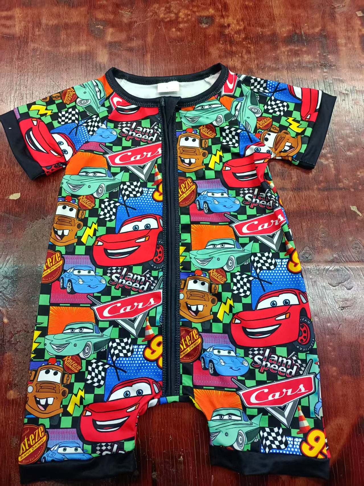 Preorder moq 5 Baby Boys Short Sleeves Cartoon Cars Zipper Rompers