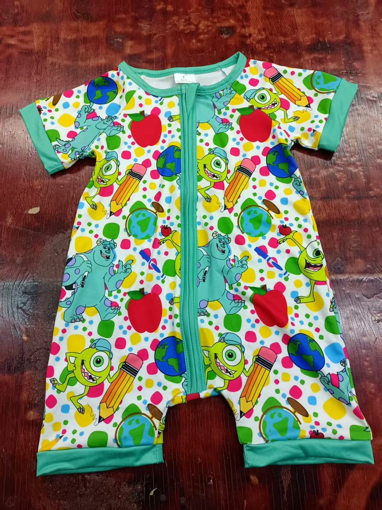 Preorder moq 5 Baby Boys Short Sleeves Cartoon Eyes Back To School Zipper Rompers