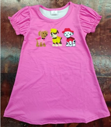 Preorder moq 5 Baby Girls Pink Short Ruffle Sleeves Cartoon Dogs Knee Length Dresses