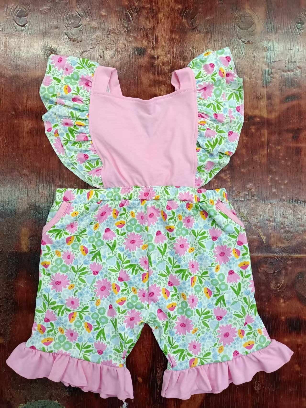 Preorder moq 5 Baby Girls Flutter Sleeves Pink Flowers Pockets Summer Jumpsuits