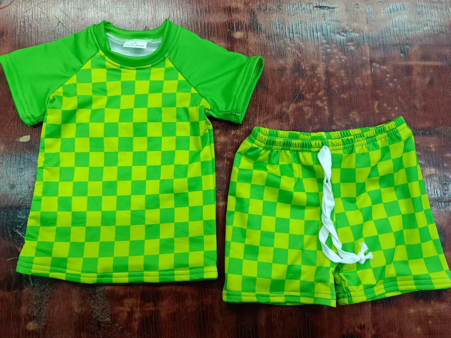 Preorder moq 5 Baby Boys Green Plaid Short Sleeves Top Short With Belt Set