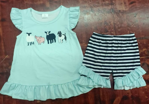 Preorder moq 5 Baby Girls Blue Flutter Sleeves Cows Pigs Tunic Black Stripe Ruffle Short Set