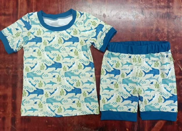 Preorder moq 5 Baby Boys Blue Short Sleeves Fishes Top Short Pajamas Set