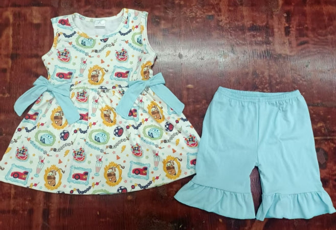 Preorder moq 5 Baby Girls Sleeveless Cartoon Cars Bows Tunic Ruffle Short Set