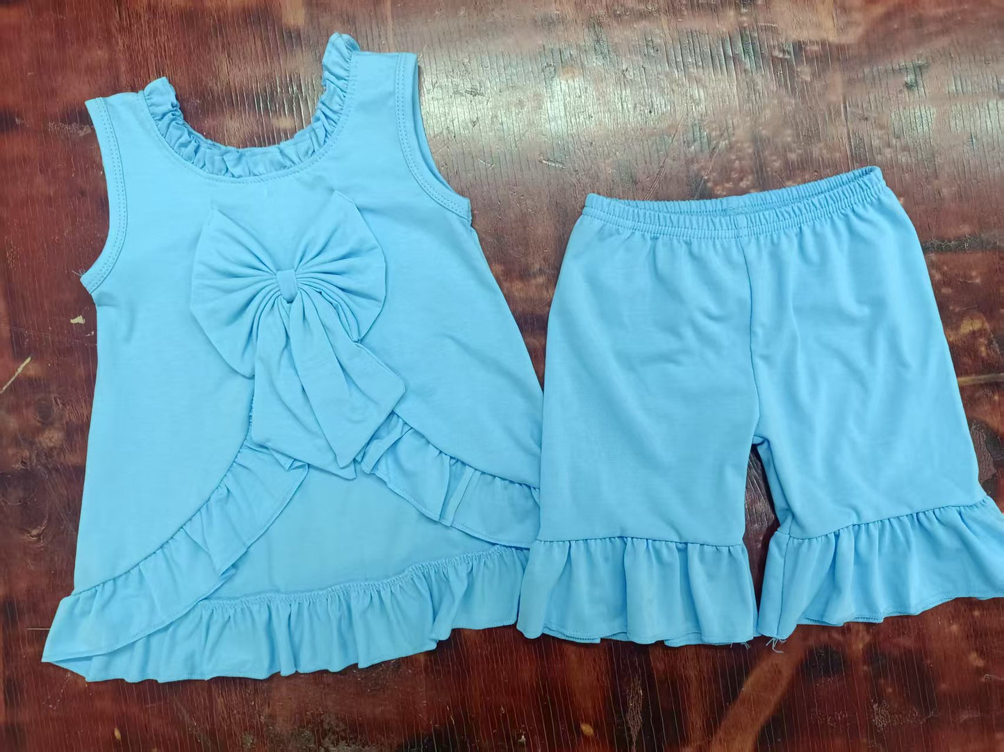 Preorder moq 5 Baby Girls Blue Sleeveless Bows Tunic Ruffle Shorts Set