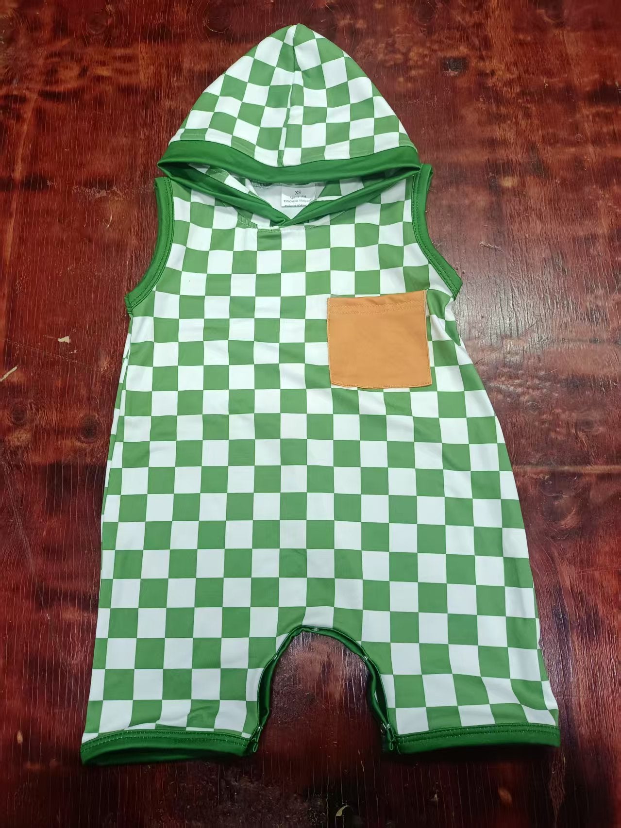 Preorder moq 5 Baby Boys Short Sleeves Green Plaid Pocket Rompers