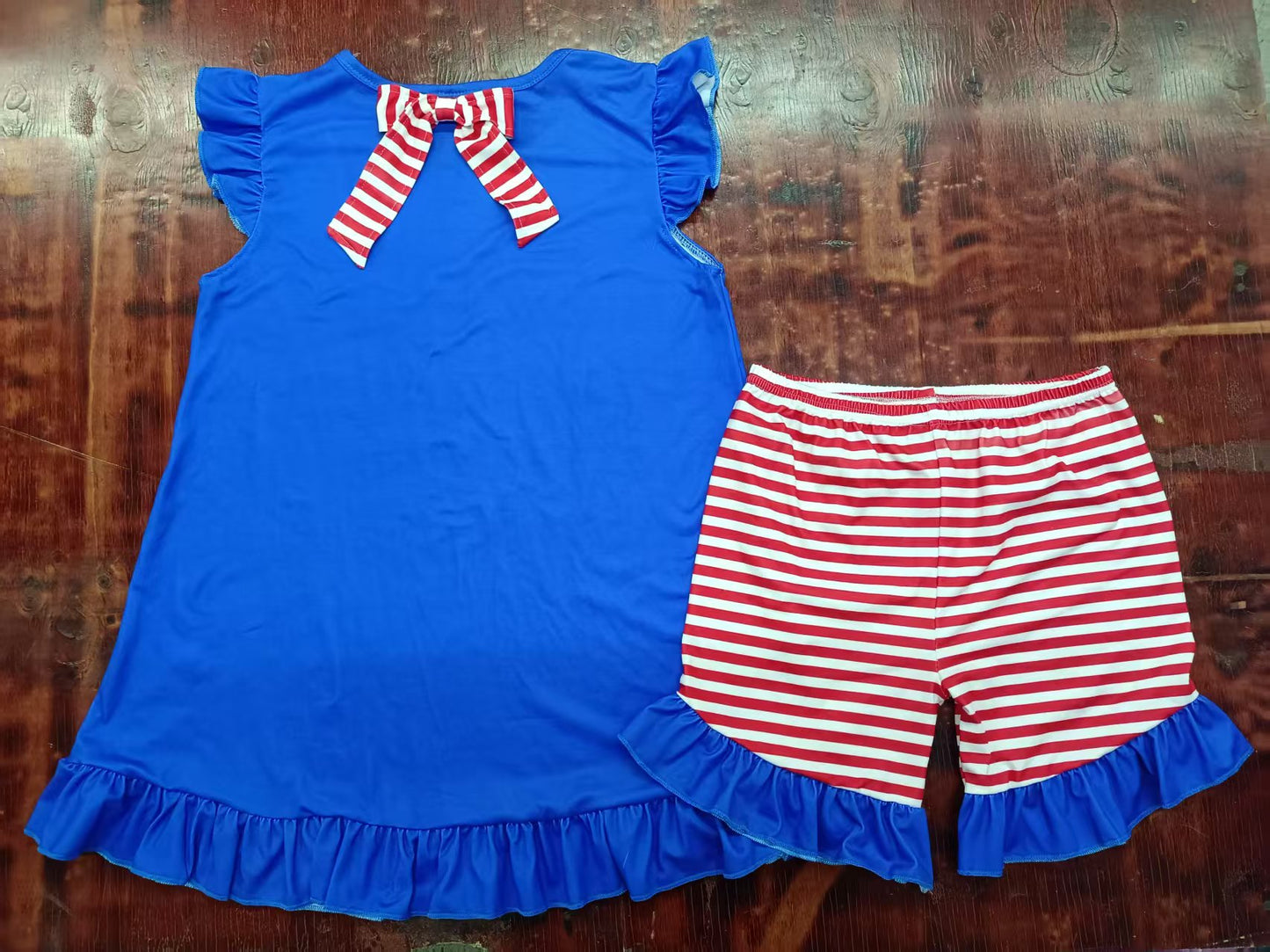 Preorder moq 5 Baby Girls Blue Flutter Sleeves Popsicle Tunic Red Stripe Ruffle Shorts 4th Of July Set