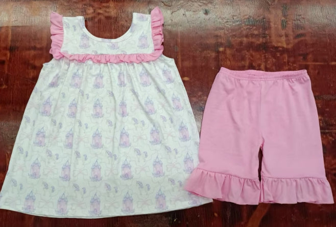 Preorder moq 5 Baby Girls Sleeveless Pink Castle Horses Tunic Ruffle Short Set