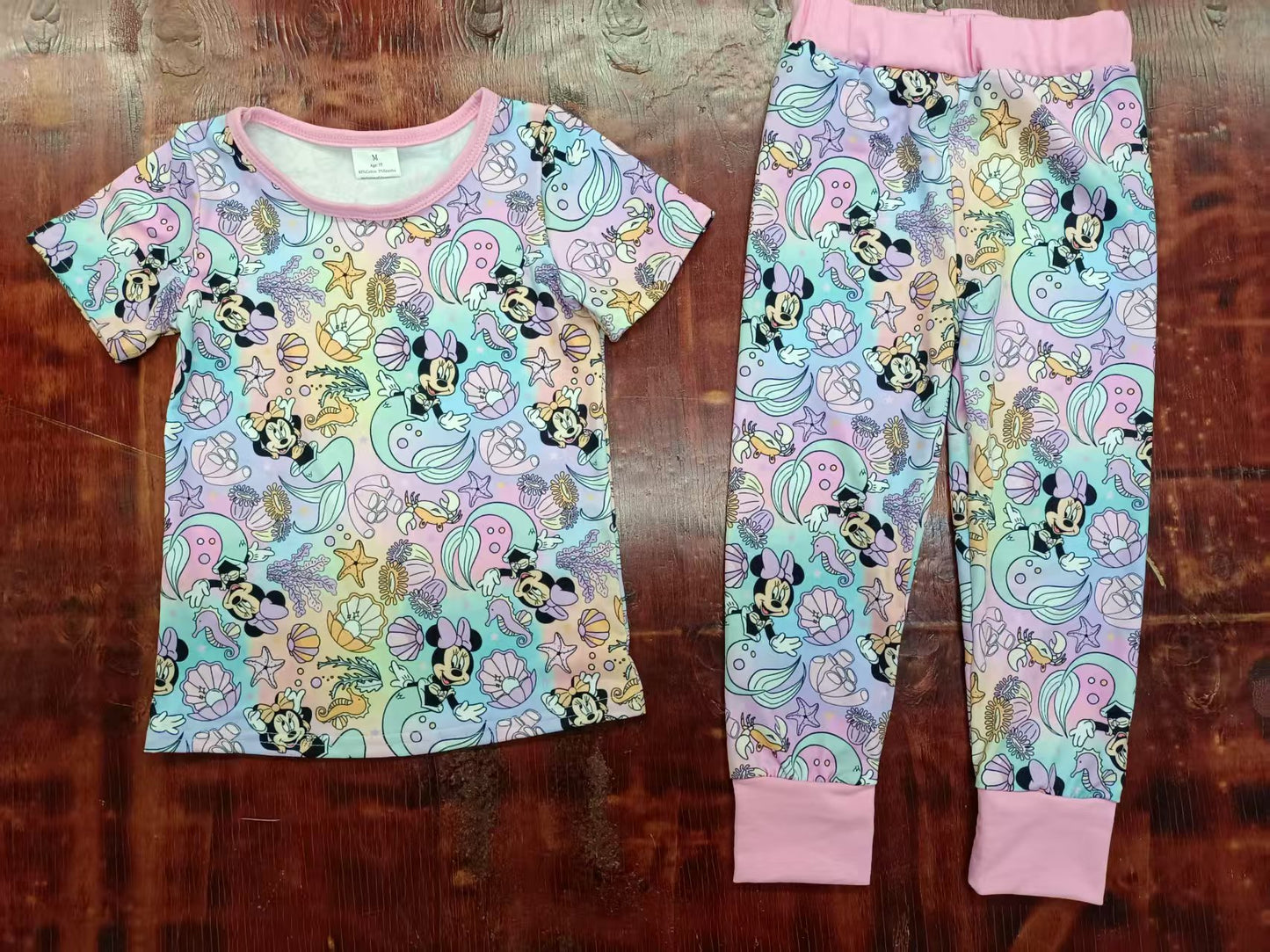 Preorder moq 5 Baby Girls Pink Short Sleeves Cartoon Mouse Sea World Top Pant Pajamas Sets