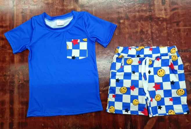 Preorder moq 5 Baby Boys Hot Blue Short Sleeves Pocket Top Smiles Stars Pockets Short Set