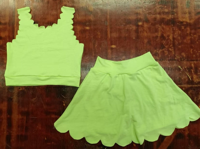 Preorder moq 5 Baby Girls Green Sleeveless Vests Top Short Skirt Set