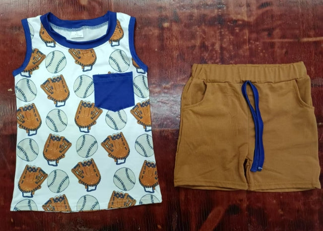 Preorder moq 5 Baby Girls Sleeveless Baseballs Top Pockets Short With Belt Set