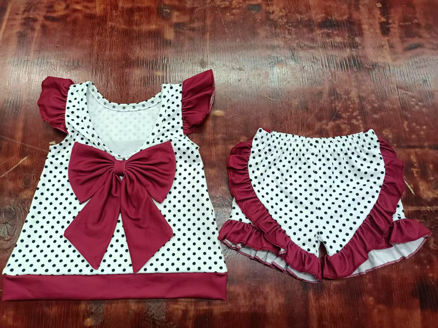 Preorder moq 5 Baby Girls Dark Red Flutter Sleeves Polka Dots C Bow Tunic Ruffle Short Set