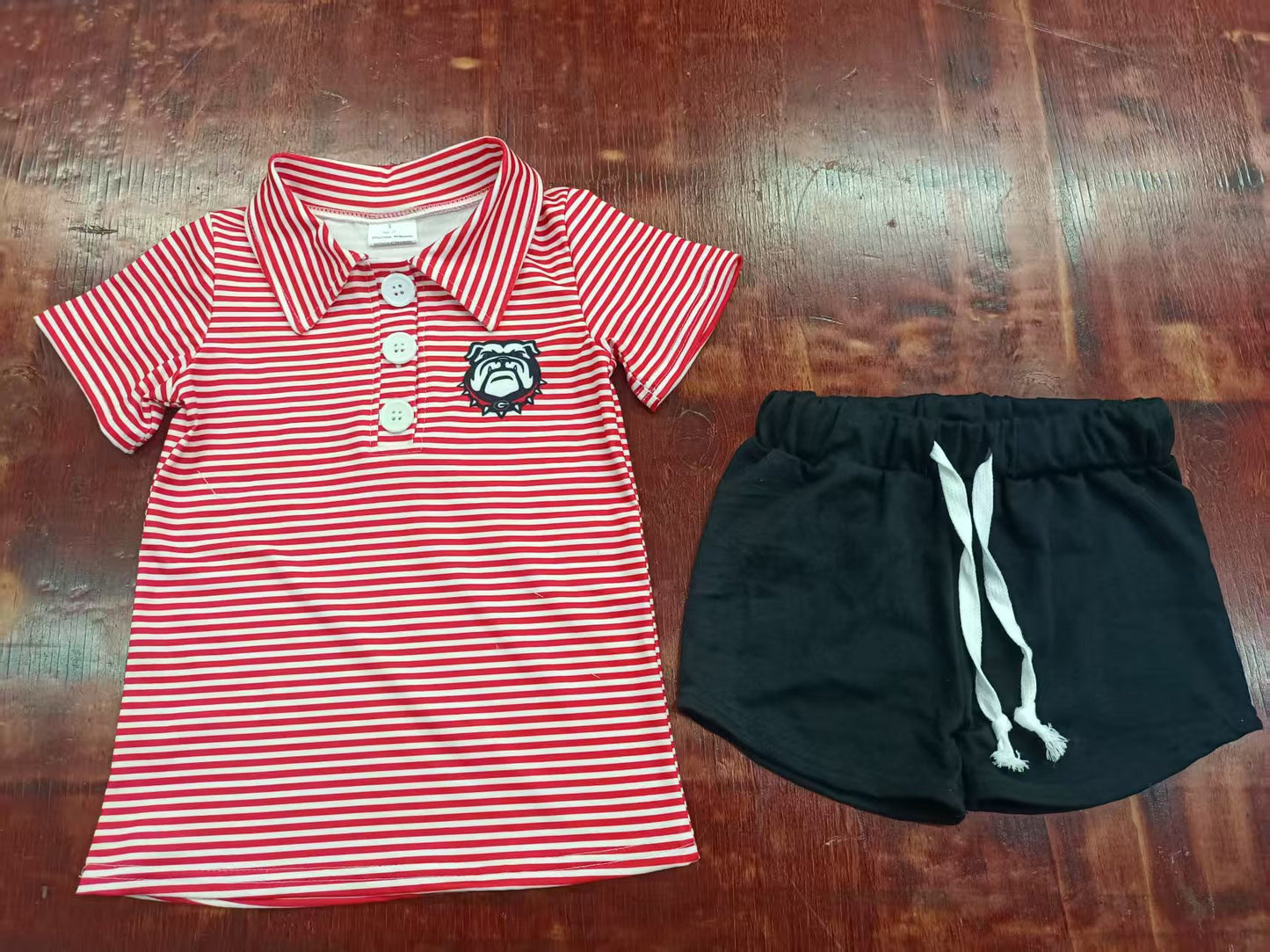 Preorder moq 5 Baby Boys Red Stripe Dog Button Pullovers Top Black Short Set