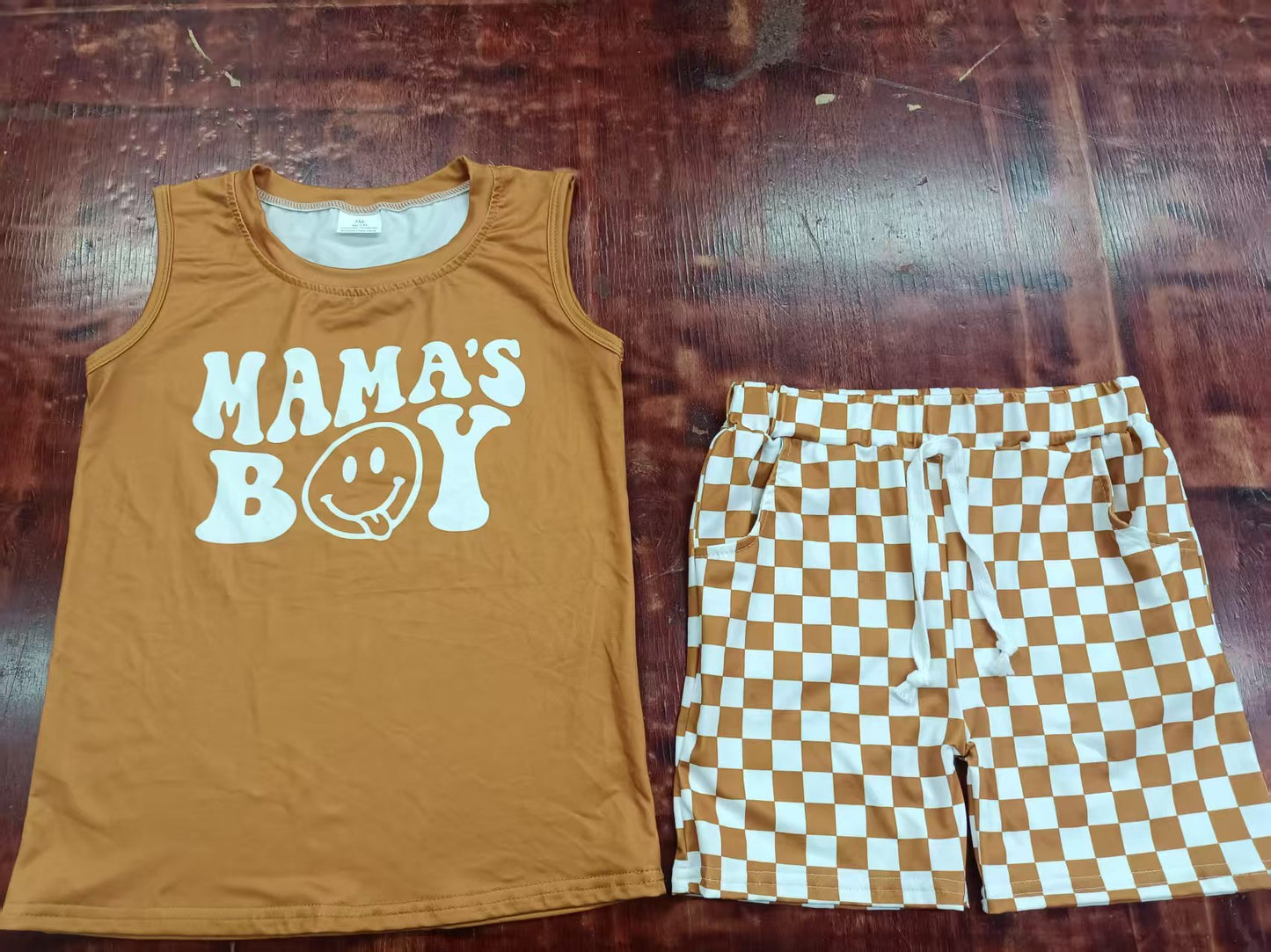 Preorder moq 5 Baby Boys Sleeveless Mama's Boy Vest Top Brown Plaid Pockets Short Set