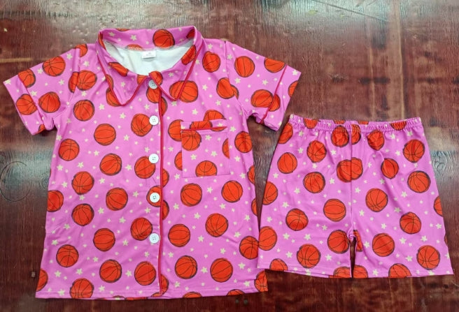 Preorder moq 5 Baby Girls Pink Short Sleeves Basketballs Stars Button Pocket Top Short Pajamas Set